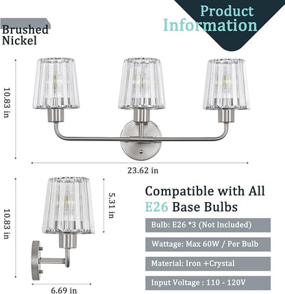 Brushed Nickel Vanity Lights 3-Light Crystal Bathroom Light Fixtures | Modern Bathroom Vanity Light E26 Wall Light over Mirror (Exclude Bulb)