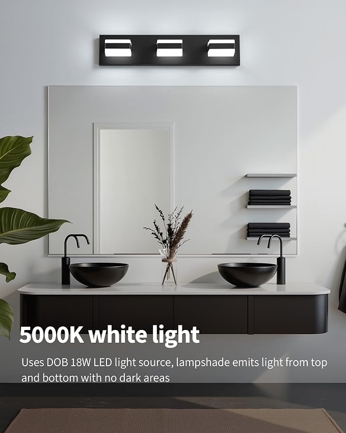 Bathroom Lighting Fixtures Over Mirror, 3 Light Black Vanity Light | Cool White, 5000K, Modern Vanity Wall Lights for Bath, Dressing Room, Restroom, 21.6 inch