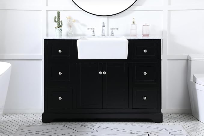 48" Pre-Assembled Bathroom Vanity with Sink, Solid Birch and MDF, Carrara White Marble Countertop Attached, Single Rectangle Porcelain Sink, 6 Soft-Close Drawers, Black