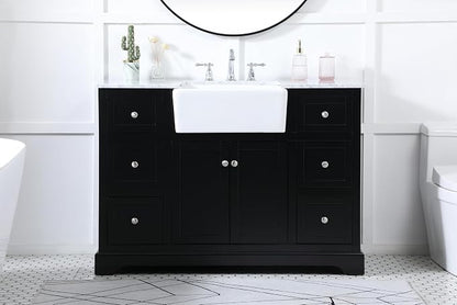 48" Pre-Assembled Bathroom Vanity with Sink, Solid Birch and MDF, Carrara White Marble Countertop Attached, Single Rectangle Porcelain Sink, 6 Soft-Close Drawers, Black