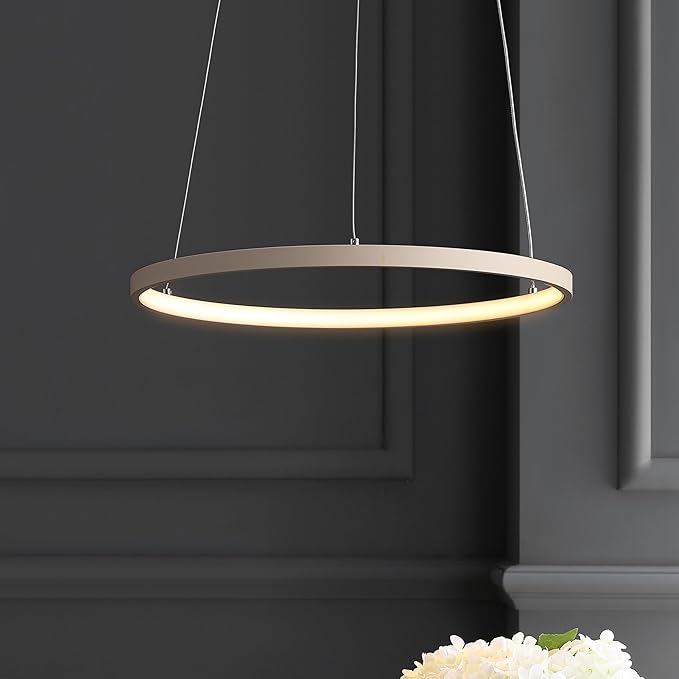 JONATHAN Y 15.75" Beige Modern Integrated LED Pendant Light, Dimmable Round Hoop Chandelier for Kitchen Island, Dining Room, Adjustable Height Metal Hanging Light (JYL7202H)
