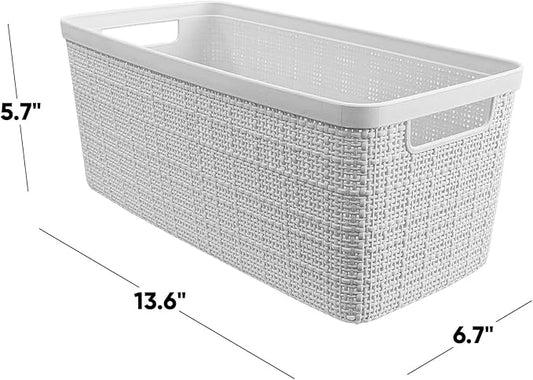 Curver Set of 8 Slim 6.8L Jute Decorative Plastic Organization and Storage Baskets - Perfect Bins for Home Office, Closet Shelves, Kitchen Pantry and All Bedroom Essentials, White