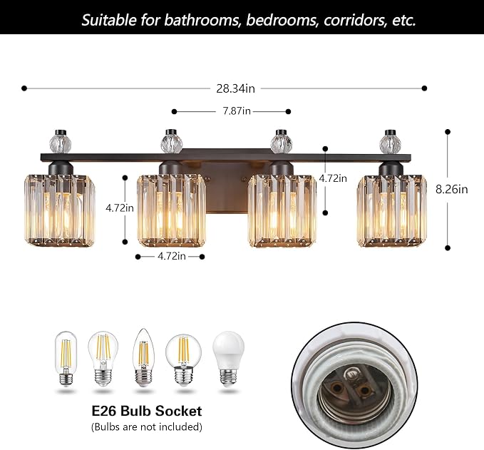 Vanity Lights 4-Light Modern Crystal Vanity Light Sand Black Bathroom Light Fixtures Over Mirror Crystal Bathroom Vanity Lighting Fixtures