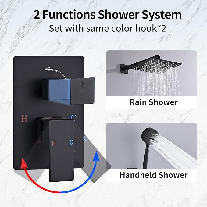 Matte Black Rainfall Shower Head Wall Mounted 10 Inch Shower Heads | Handheld Spray Combo, Luxury Bathroom Square Rain Shower System, Solid Brass Pressure Balancd Shower Faucet Valve