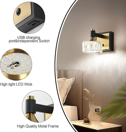 1-Light Wall Sconce, LED Wall-Mounted Light with USB Charging Port, Modern Vanity Light in Black Gold with Crystal Shade for Bathroom, Bedroom, Living Room & Hallway