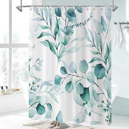 Teal Shower Curtain, Watercolor Eucalyptus Leaves Botanical Plants with Floral Bathroom Curtain Home Bathtub Decor Waterproof Fabric Machine Washable with 8 PCS Hooks,48" Wx72 L
