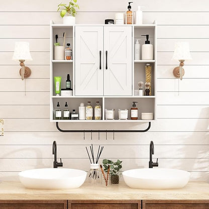 RUSTOWN Rustic Wood Wall Bathroom Cabinet, Farmhouse Medicine Cabinet Wall Mounted, Space Saving Wall Storage Cabinet with 2 Barn Door, 3-Tier Adjustable Shelves and Towel Bar (White)