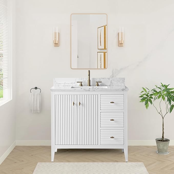HOMEBEYOND 36" Bathroom Vanity with Sink, Solid Wood Bathroom Vanity Free-Standing Cabinet, Drawers, Ceramic Top & Soft Closing Door, Golden Brushed Handware, White
