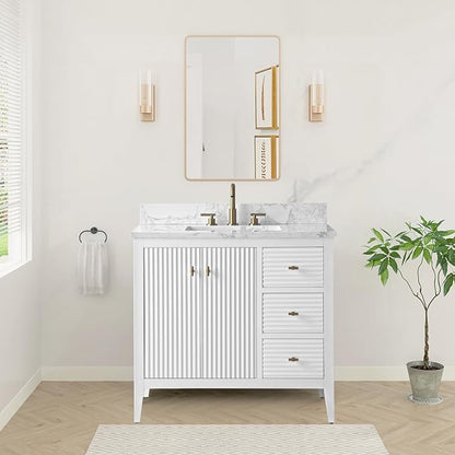 HOMEBEYOND 36" Bathroom Vanity with Sink, Solid Wood Bathroom Vanity Free-Standing Cabinet, Drawers, Ceramic Top & Soft Closing Door, Golden Brushed Handware, White