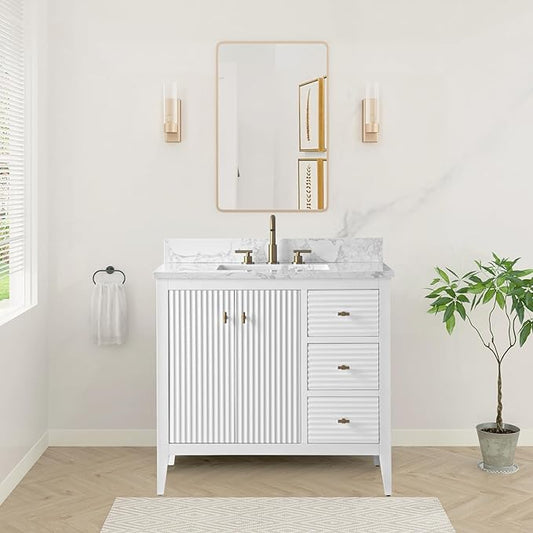 HOMEBEYOND 36" Bathroom Vanity with Sink, Solid Wood Bathroom Vanity Free-Standing Cabinet, Drawers, Ceramic Top & Soft Closing Door, Golden Brushed Handware, White