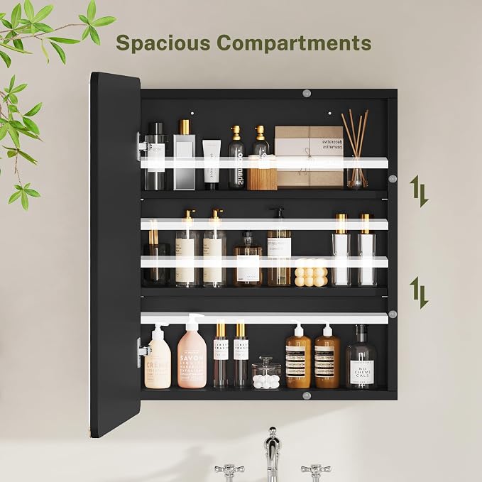 Medicine Cabinet Mirror with 2 Adjustable Shelves, Bathroom Mirror with Storage, Recessed or Wall Mount Bathroom Cabinet, Black UNGGX004H