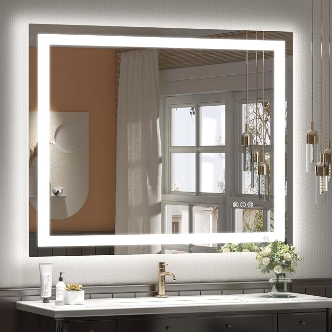 40x36 LED Lighted Bathroom Mirror for Vanity Wall | Front Light and Backlit, Anti-Fog, Memory, 3 Color, Tempered Glass, Dimmable, Rectangular, UL, Horizontal/ Vertical Mounted