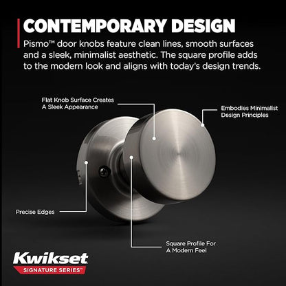 Kwikset Pismo Dummy Door Knob, Single Sided Handle for Closets, French Double Doors, and Pantry, Satin Nickel Non-Turning Interior Push/Pull Door Knob, with Microban Protection