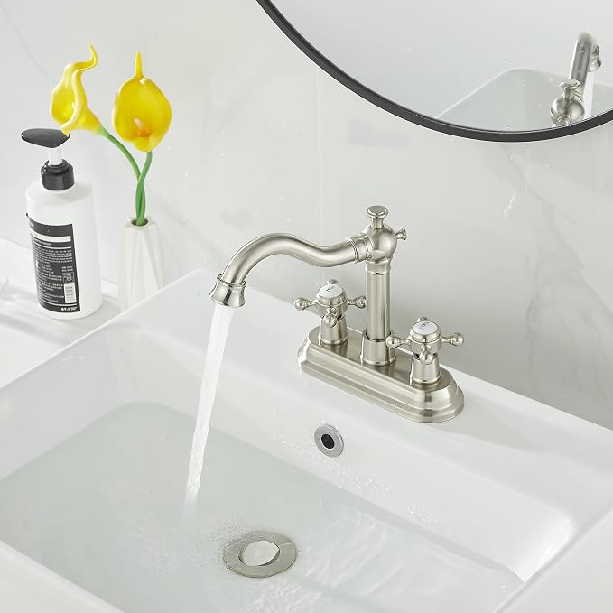 Bathroom Faucet Brushed Nickel 2 Handles 4 Inches Centerset RV Vanity With Drain Assembly and Supply Hose