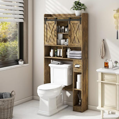 Vabches Over The Toilet Storage Cabinet with Sliding Doors, Rustic Brown | Farmhouse Storage Cabinet Over Toilet, Home Space-Saving Toilet Rack, Toilet Paper Holder Stand,for Restroom,Bathroom,Laundry