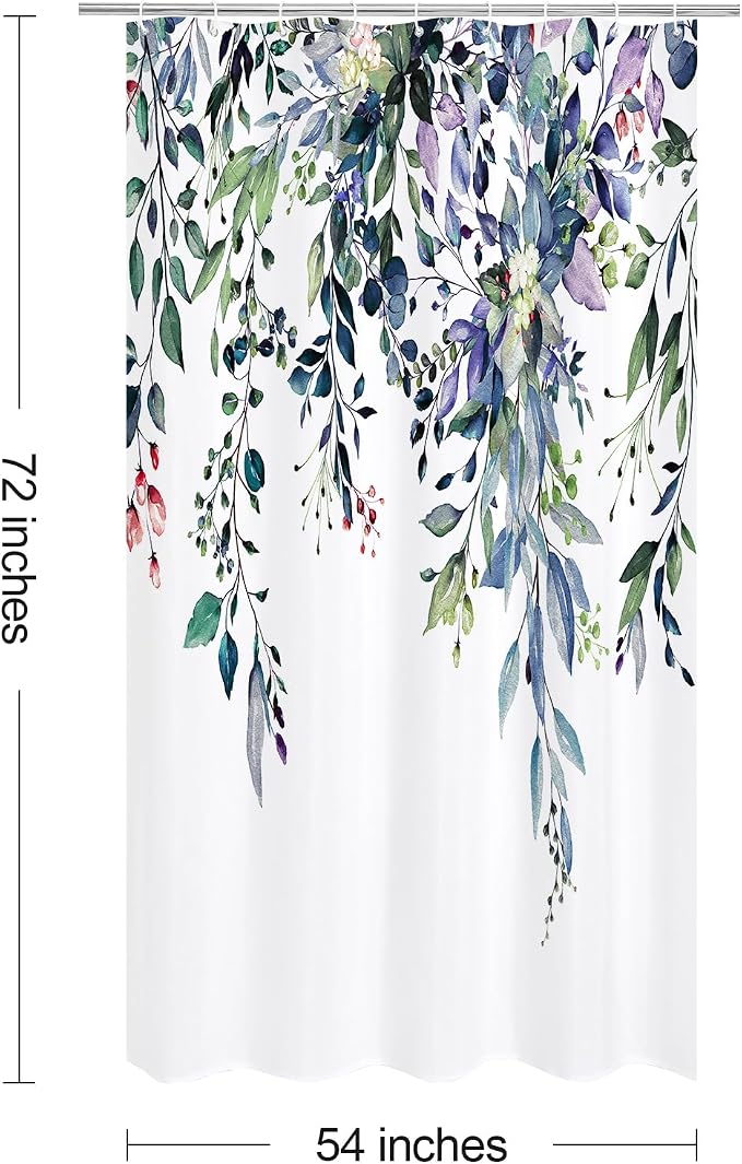 Green Eucalyptus Shower Curtain, Watercolor Floral Print, 54x72 | Watercolor Plant Leaves Floral Print, Stall Waterproof Fabric Bathroom Decor, Machine Washable, Rustproof Grommets