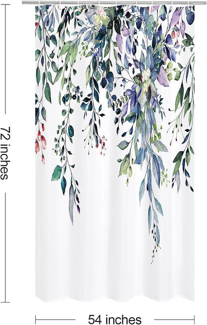 Green Eucalyptus Shower Curtain, Watercolor Floral Print, 54x72 | Watercolor Plant Leaves Floral Print, Stall Waterproof Fabric Bathroom Decor, Machine Washable, Rustproof Grommets