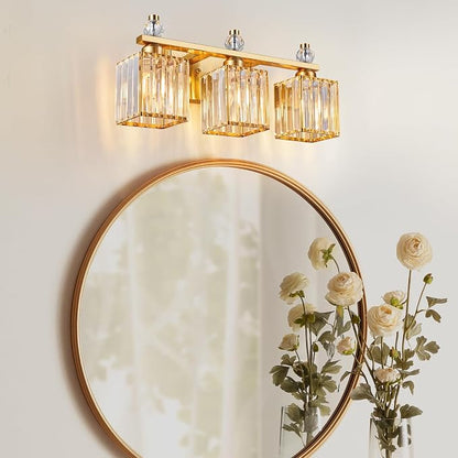 Bathroom Vanity Lights 3-Light Modern Crystal Vanity Light Gold Bathroom Light Fixtures Over Mirror Crystal Bathroom Vanity Lighting Fixtures