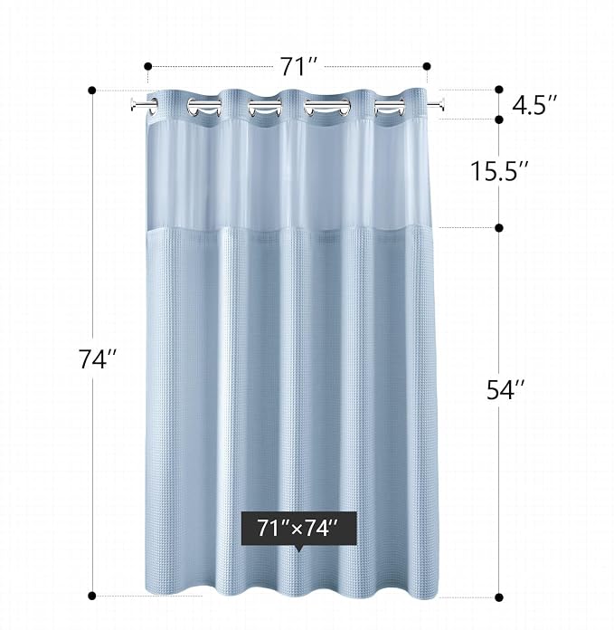River Dream Cotton Blend Shower Curtain Set with Liner, Misty Blue, 71x74 | Waffle Weave, No Hook Needed, with Snap in Replacement Liner, Top Sheer Window, Hotel Quality Fabric for Bathroom