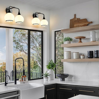 Black Bathroom Light Fixtures 2 Lights Vanity Lights with Milky White Frosted Glass Shade Bathroom Vanity Light 14 inch Wall Sconce Lighting Bath(Exclude E26 Bulb)