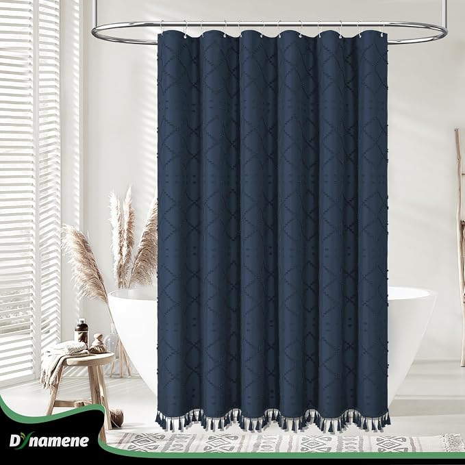 Extra Long Boho Shower Curtain Tufted Geometric 72"x84" Navy Blue | 84 Inch Tall, Elegant Tassel, Lightweight Textured Fabric, Water Repellent, Washable, Hotel Spa, for Bathroom/Dorm 12 Hooks