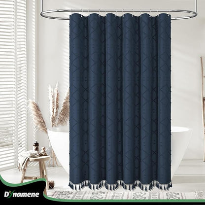 Extra Long Boho Shower Curtain Tufted Geometric 72"x84" Navy Blue | 84 Inch Tall, Elegant Tassel, Lightweight Textured Fabric, Water Repellent, Washable, Hotel Spa, for Bathroom/Dorm 12 Hooks