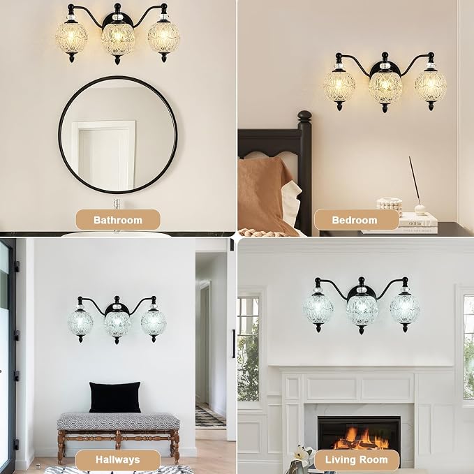 Matte Black Bathroom Vanity Light, 3-Light Mid Century Farmhouse Wall Sconce with Globe Glass Shades, Retro Mirror Light for Bathroom, Powder Room