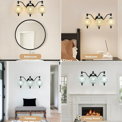 Matte Black Bathroom Vanity Light, 3-Light Mid Century Farmhouse Wall Sconce with Globe Glass Shades, Retro Mirror Light for Bathroom, Powder Room