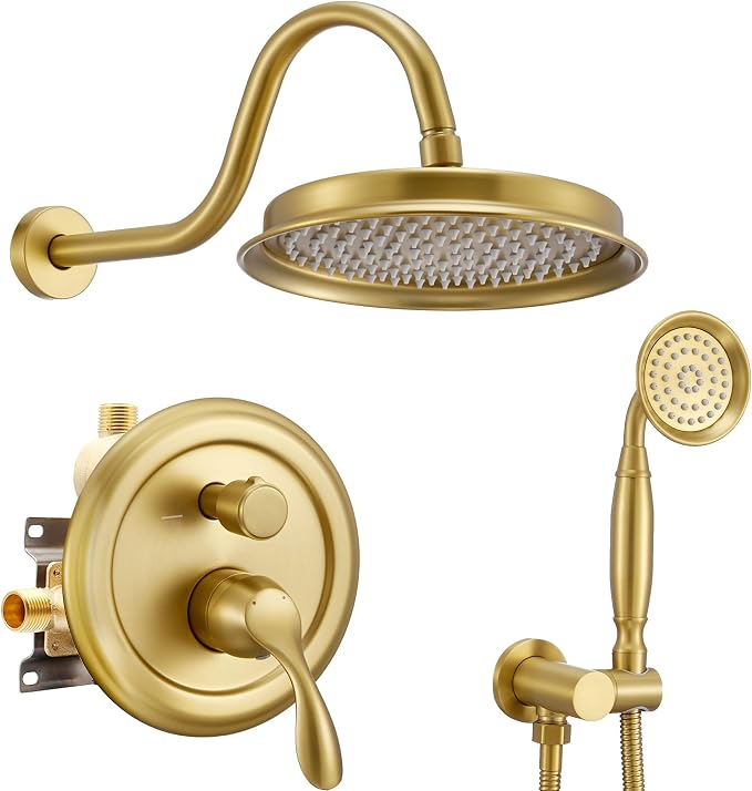 DASAN Rain Shower System Complete Antique Shower Faucet Sets, Shower Fixtures Combo with Pressure Balance Valve, Trim Kit, 9'' Rainfall Overhead Shower & Handheld, Color Brushed Gold AT209W-BTG