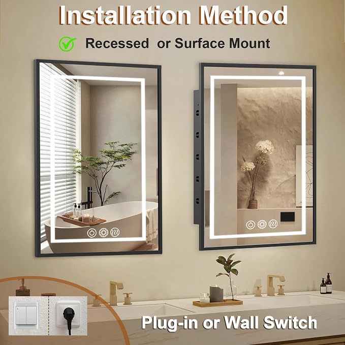 LED Medicine Cabinet Mirror, 22x30 Black Bathroom Storage Cabinet | Anti-fog mirror, Dimmable & 3 color lighting, adjustable shelves, plug in & wall switch, recessed & wall mounted installation