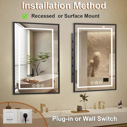 LED Medicine Cabinet Mirror, 22x30 Black Bathroom Storage Cabinet | Anti-fog mirror, Dimmable & 3 color lighting, adjustable shelves, plug in & wall switch, recessed & wall mounted installation