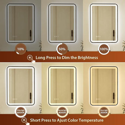 24x32 Inch Black Framed LED Bathroom Mirror with Lights, Built-in Bluetooth Speaker, Dimmable Lighted Bathroom Vanity Mirror with 3 Colors, Backlit + Frontlit, Memory, Anti-Fog