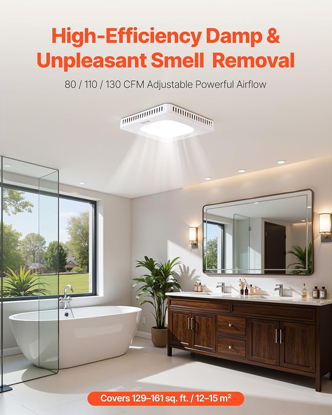 VEVOR Bathroom Exhaust Fan with LED Light, 80-110-130 CFM Bathroom Vent Three Gear Color Temp, 1.5 Sones Low-Noise, Premium AC Motor Ceiling Fan for Laundry Room, Storage Room, Home Ventilation, White