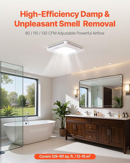 VEVOR Bathroom Exhaust Fan with LED Light, 80-110-130 CFM Bathroom Vent Three Gear Color Temp, 1.5 Sones Low-Noise, Premium AC Motor Ceiling Fan for Laundry Room, Storage Room, Home Ventilation, White