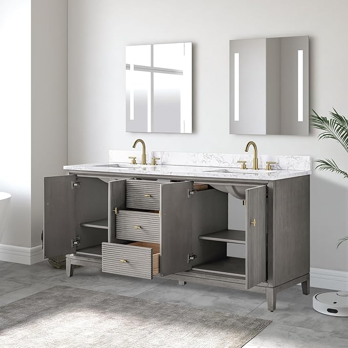Vanity Art 72" Bathroom Vanity with Double Sink & Arabescato White Engineered Stone Top, Vanity Cabinet with Soft Closing Door, Solid Wood Frame, Golden Brushed Handles, Driftwood Gray VA8172D-DG-GB