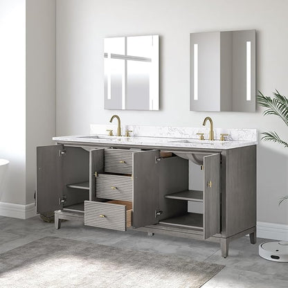 Vanity Art 72" Bathroom Vanity with Double Sink & Arabescato White Engineered Stone Top, Vanity Cabinet with Soft Closing Door, Solid Wood Frame, Golden Brushed Handles, Driftwood Gray VA8172D-DG-GB