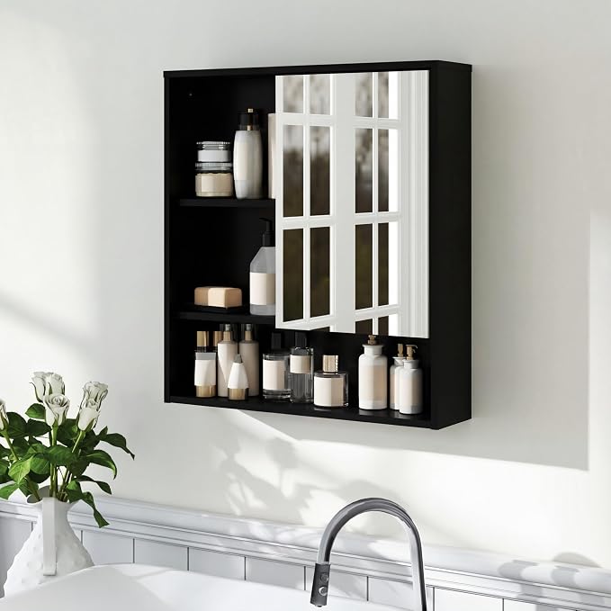 Panana Bathroom Medicine Cabinet with Mirror, Wall Mounted Single Mirror Door Storage Cabinet with 3 Open Compartments, Adjustable Height Shelf, 21.9x5.1x23.6 inch (Black)