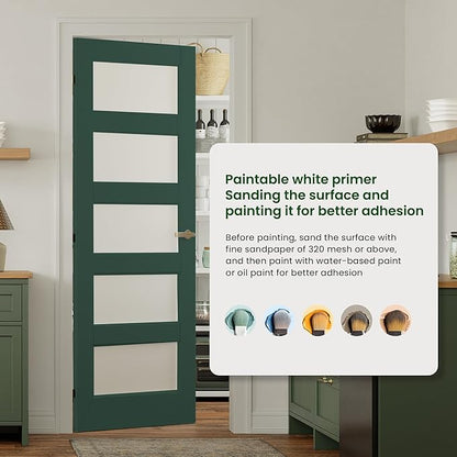 SMARTSTANDARD 32" x 80" Frosted Glass Pantry Door, Solid Core Slab Door | Pre-Assembled 5-Panel without Hardware, French Interior Door for Pantry Pocket, White Primed