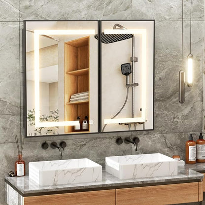 APRILSOUL 36x30 Inch Lighted Bathroom Medicine Cabinet with Mirror, Black Recessed or Surface Mount Medicine Cabinet Mirror with Storage and LED Lights, 3 Colors Temperature, Dimmable Light
