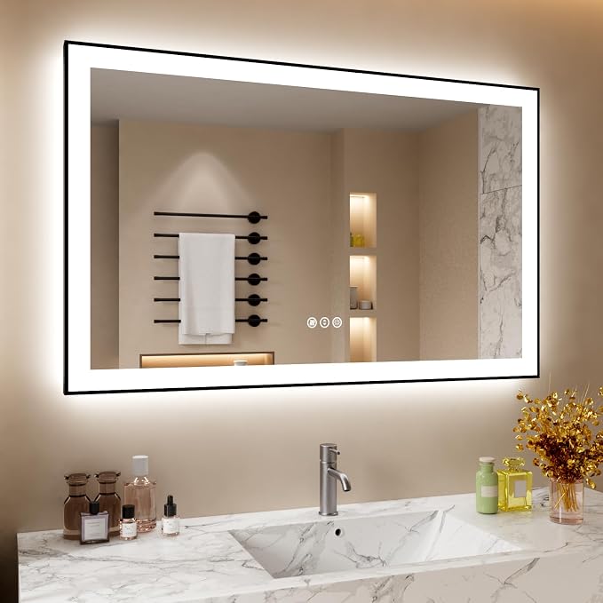 40x24 Inch LED Bathroom Mirror with Black Frame | Black Metal Frame, Front and Backlit, 3 Colors, Dimmable, Memory, Anti Fog, Tempered Glass, Lighted Mirror for Wall