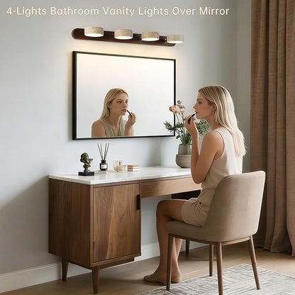 Wood Farmhouse Bathroom Vanity Light,Natural Stone Travertines Walnut Wall Lamp 4 Lights Travertine Shade Wabi Sabi Lamp, Linear Bathroom Vanity Lighting Rotatable 40W LED Wall Fixture Over Mirror