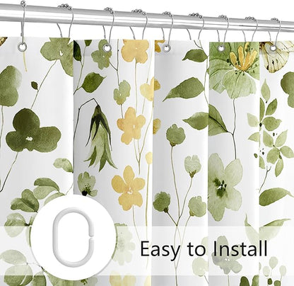 Olive Green Floral Shower Curtain 60x72, Cute Flower Fabric Shower Curtains for Bathroom, Wildflower Butterfly Cloth Shower Curtain Set with Hooks