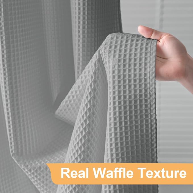 River Dream Grey Cotton Blend No Hook Shower Curtain with Liner, 71x74 | with Snap in Liner, Heavyweight Waffle Fabric, Hotel Grade for Bathroom, Water Repellent, Corner Magnets, Machine Washable