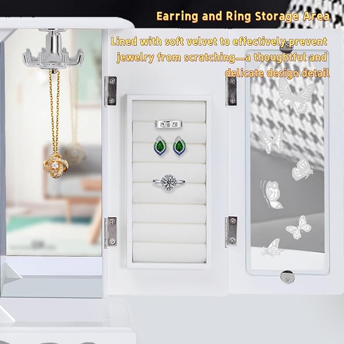Vintage Wood Jewelry Box with 4 Drawers, Desktop Jewelry Organizer with Glass Door & Mirror, Necklace Ring Storage Display Case Built-in Necklace Carousel (White, Butterfly, 4 Drawers)