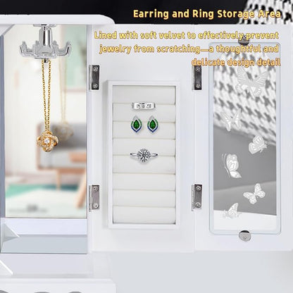 Vintage Wood Jewelry Box with 4 Drawers, Desktop Jewelry Organizer with Glass Door & Mirror, Necklace Ring Storage Display Case Built-in Necklace Carousel (White, Butterfly, 4 Drawers)