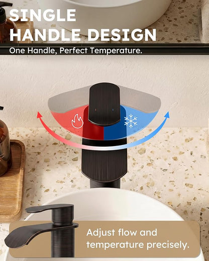 Vessel Sink Faucet Oil Rubbed Bronze：WOWOW Single Handle Tall Bathroom Faucet - Waterfall Single Hole Mixer Bar Tap with Large Rectangular Spout, Deck Mount Lavatory Vanity with Pop Up Drain