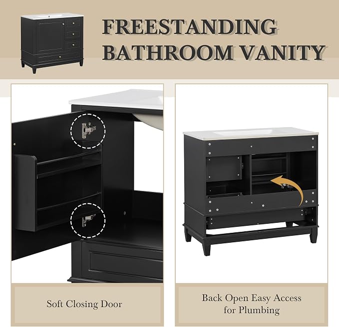 Bathroom Vanity with Ceramic Sink 36 Inch, Cabinet with One Door and Three Drawers, Soft-Closing Door, Solid Wood Legs, Black