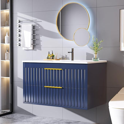 30" Bathroom Vanity with Sink, Floating Vanity Bathroom Sink Cabinet Wall Mount, Soft-Close Function 2 Large Drawers, Grooved Stripe Design, Hidden Damping Drawers, Blue
