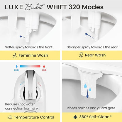LUXE Bidet WHIFT 320 - Warm Water Deodorizing Bidet Attachment, Chrome | Non-Electric, Built-In Deodorizing Spray, Warm Water, Lemon Refill Included, Easy Slide-In Install, Rear & Feminine Wash