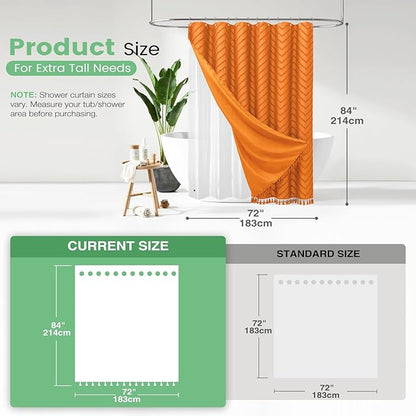 Dynamene Extra Long Shower Curtain and Liner Set - 84 inch Tall Boho Shower Curtain and Waterproof Clear Liner, Tufted Chevron Striped Tassel Shower Curtains for Bathroom, 12 Hooks, 72x84, Orange